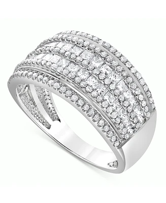 Diamond Princess & Round Multirow Statement Ring (1 ct. t.w.) in 14k White Gold