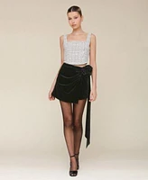 Avec Les Filles Tweed Corset Sleeveless Top Rosette Draped Velvet Skirt