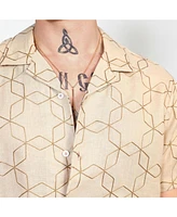 Campus Sutra Men's Beige Embroidered Geometric-Lined Shirt