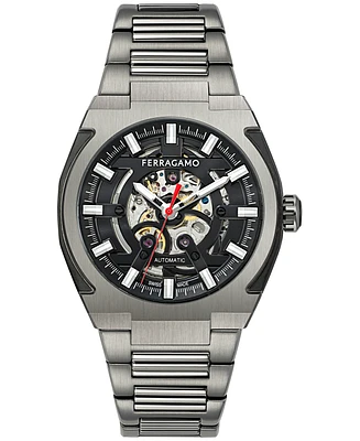 Ferragamo Men's Swiss Automatic Supreme Skeleton Gunmetal Ion Plated Stainless Steel Bracelet Watch 43mm