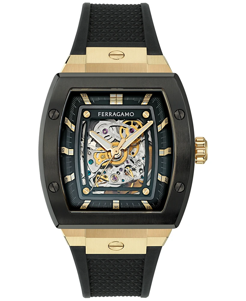 Ferragamo Men's Swiss Automatic F-80 Tonneau Skeleton Black Polyurethane Strap Watch 42mm