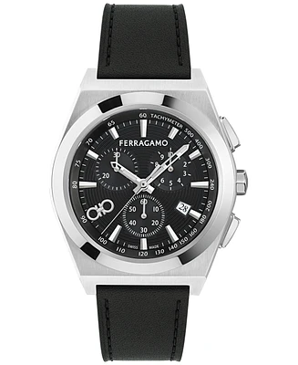 Ferragamo Men's Swiss Chronograph Vega Black Leather Strap Watch 42mm