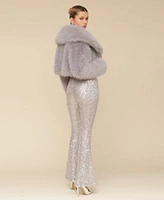 Avec Les Filles Faux Fur Cropped Jacket Faux Pearl Sweater Sequinned Pants