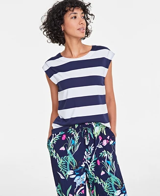 On 34th Women's Striped Extended-Sleeve Crewneck T-Shirt, Exclusively at Macy's