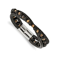 Chisel Stainless Steel Tiger Eye Black Agate Beaded Leather Bracelet