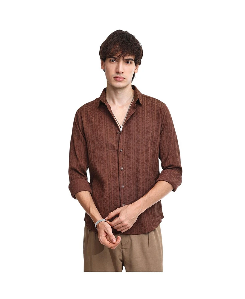 Campus Sutra Men's Chocolate Brown Geometric-Textured Knit Shirt