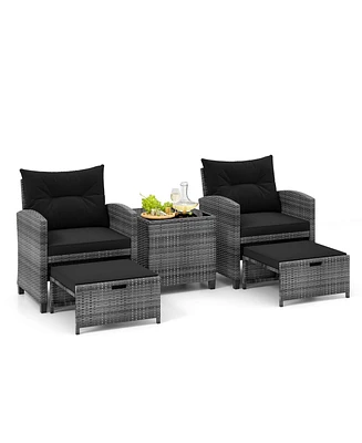 5 Piece Patio Rattan Furniture with 2 Ottomans & Tempered Glass Coffee Table