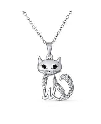 Bling Jewelry Cute Sitting Kitty Cubic Zirconia Pave Cz Pet Kitten Cat Pendant Necklace For Women .925 Sterling Silver