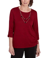 Alfred Dunner Petite Runway Ready Solid Melange Crewneck Top With Necklace