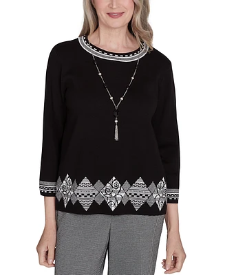 Alfred Dunner Petite Runway Ready Diamond-Border Crewneck Sweater With Necklace