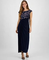 Connected Women's Soutache Lace Cap-Sleeve Faux-Wrap Gown