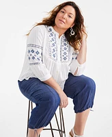 Style & Co Plus Size Embroidered 3/4-Sleeve Button-Front Blouse, Created for Macy's
