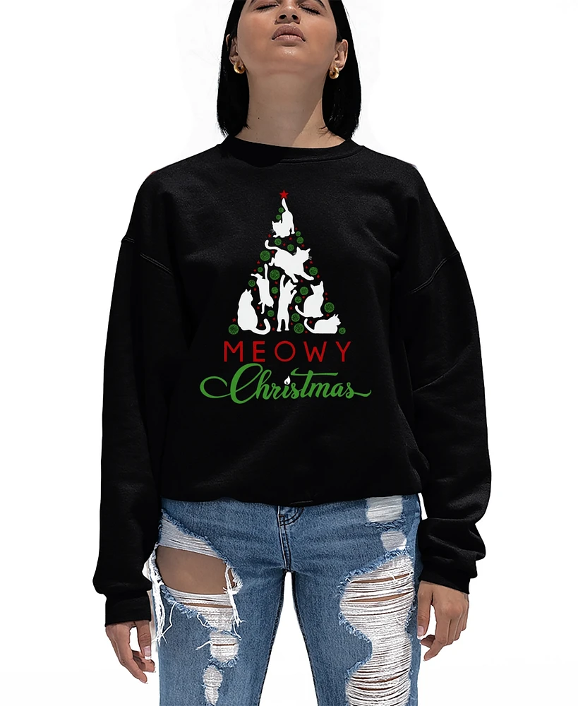 La Pop Art Women's Meowy Christmas Tree Word Crewneck Sweatshirt