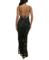 Violet Weekend Juniors' Sequined Halter Open-Back Gown