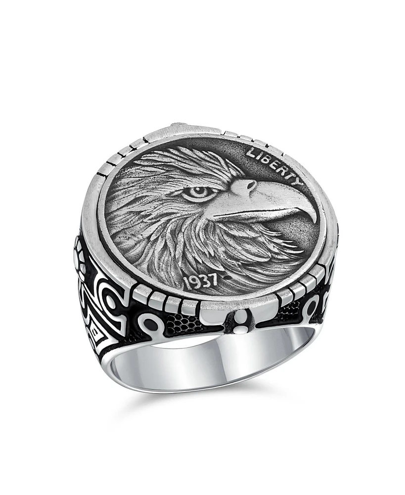 Bling Jewelry Patriotic Usa Bird Eagle Head Coin Ring Oxidized .925 Sterling Silver