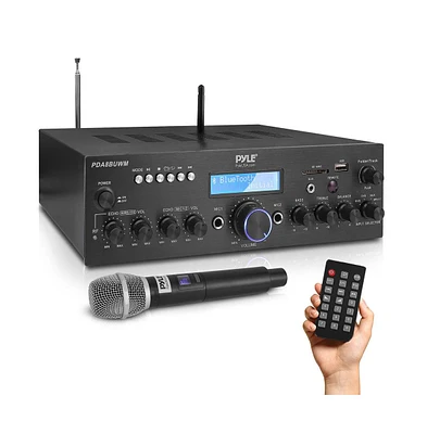 Pyle Bluetooth Stereo Amplifier Receiver With Uhf Wireless Microphone, MP3/Usb/Sd/Aux/Fm Radio, 200 Watt