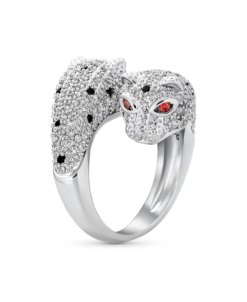 Bling Jewelry Red Eye Black White Cubic Zirconia Cz Fashion Leopard Panther Cat Statement Bypass Ring Rhodium Plated Brass