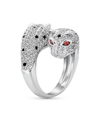 Bling Jewelry Red Eye Black White Cubic Zirconia Cz Fashion Leopard Panther Cat Statement Bypass Ring Rhodium Plated Brass