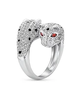 Bling Jewelry Red Eye Black White Cubic Zirconia Cz Fashion Leopard Panther Cat Statement Bypass Ring Rhodium Plated Brass
