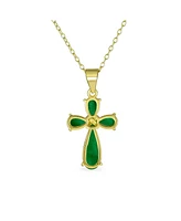 Bling Jewelry Small Timeless Fashion Cabochons Natural Green Jade Cross Pendant Necklace For Women Gold Plated .925 Sterling Silver With Chain