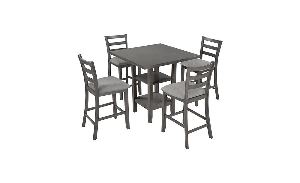 Slickblue 5-Piece Wooden Counter Height Dining Set with Padded Chairs and Convenient Storage Shelves