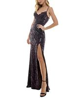 City Studios Juniors' Sequined Scalloped V-Neck Gown