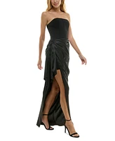 City Studios Juniors' Strapless Wrap-Overlay Gown