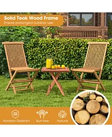 Costway 3PCS Patio Bistro Set Square Table Teak Wood Folding Chair Slatted Tabletop Seat