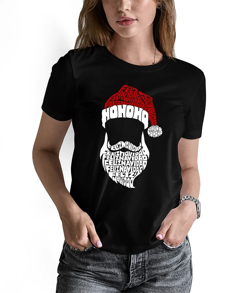 La Pop Art Women's Feliz Navidad Santa Claus Word Crew Neck T-Shirt