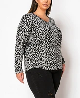 Coin 1804 Plus Leopard Print Cozy V-Neck Dolman Sleeve Top