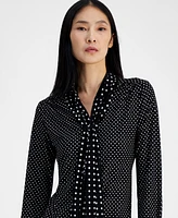 Anne Klein Women's Dot-Print Mixed-Media Tie-Neck Blouse