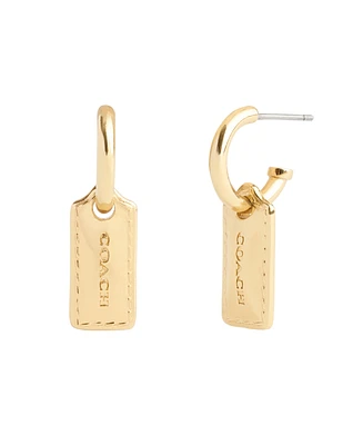 Coach Gold-Tone Signature Stitched Hangtag Charm Huggies Earrings