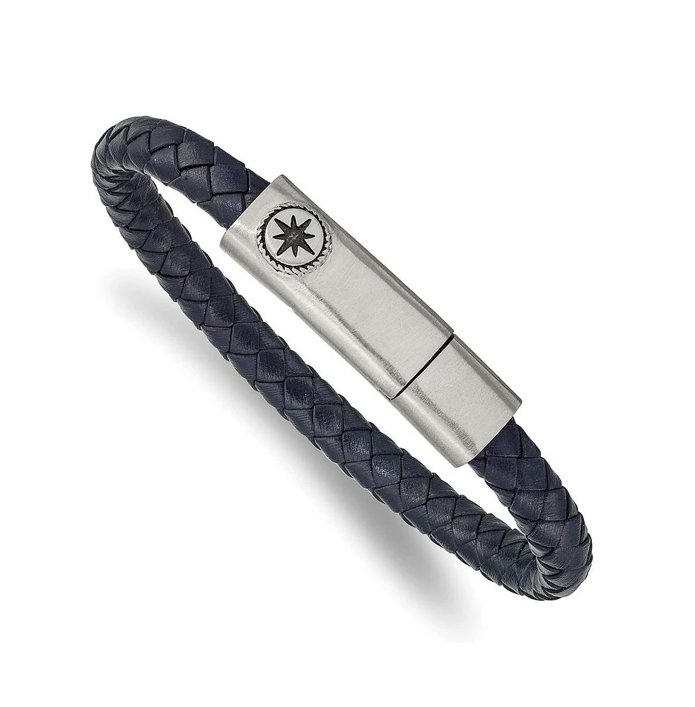 Chisel Stainless Steel Antiqued Compass Blue Leather Bracelet