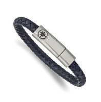 Chisel Stainless Steel Antiqued Compass Blue Leather Bracelet