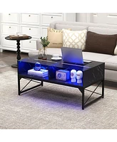 Gymax High-gloss Led Coffee Table w/ Faux Marble & Tempered Glass Top 4 Storage Cubes White