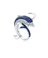 Bling Jewelry Pave Navy Blue Cubic Zirconia Bypass Dolphin Band Ring Black Silver Plated Brass