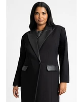 Eloquii Women's Long Coat With Faux Leather Details