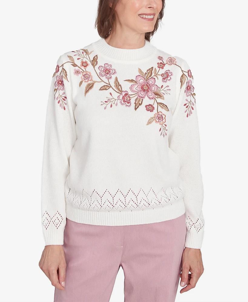 Alfred Dunner Petite Telluride Floral Embroidered White Chenille Sweater