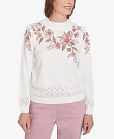 Alfred Dunner Petite Telluride Floral Embroidered White Chenille Sweater