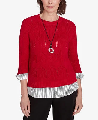 Alfred Dunner Petite Runway Ready Woven Chevron Sweater with Necklace