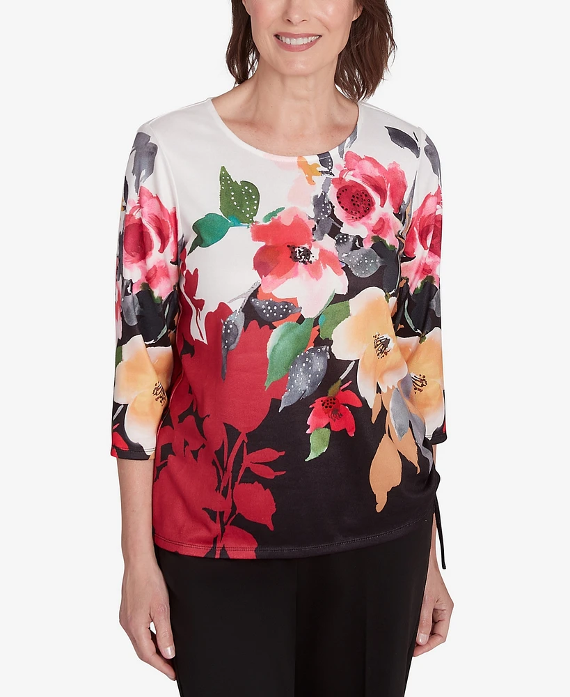 Alfred Dunner Petite Runway Ready Floral Crew Neck with Drawstring Hem Top