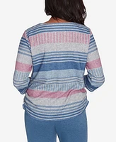 Alfred Dunner Petite Casual Fridays Ruched Striped Crew Neck Top