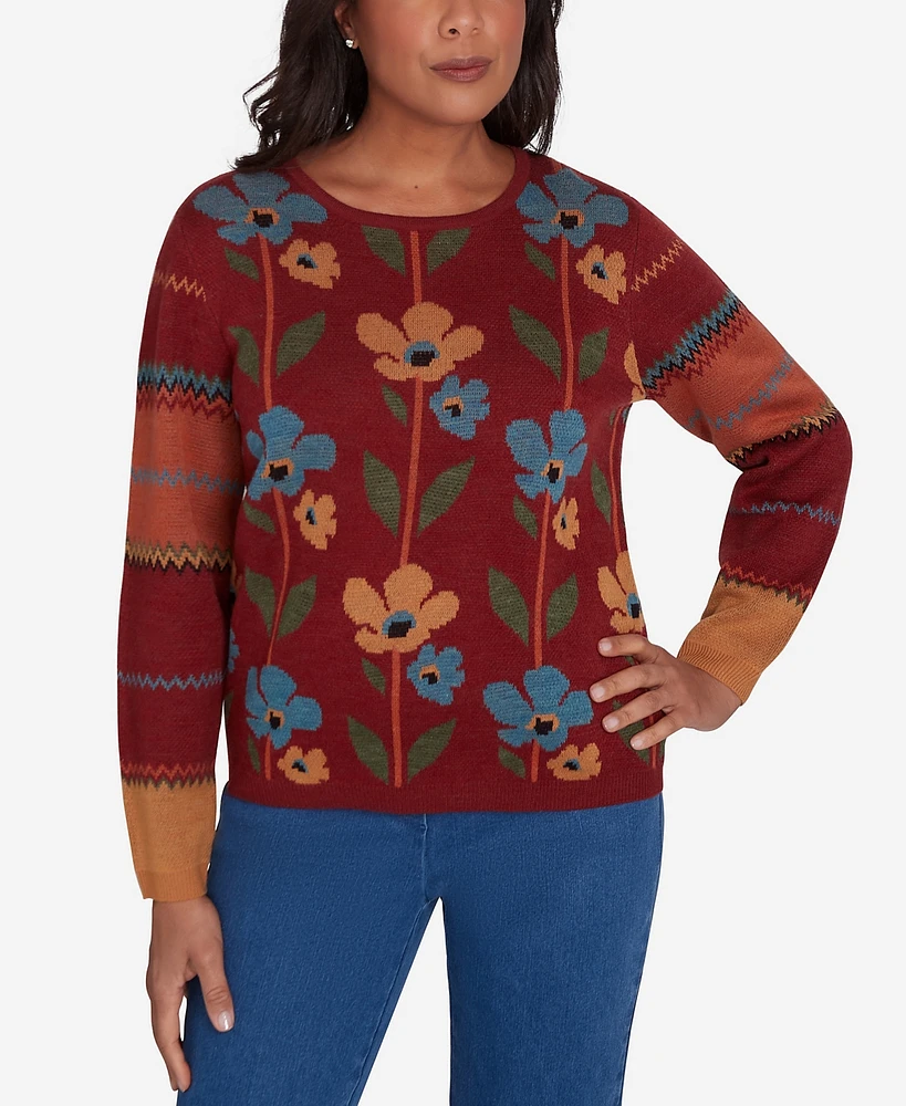 Alfred Dunner Petite Harvest Moon Vertical Floral Crew Neck Sweater