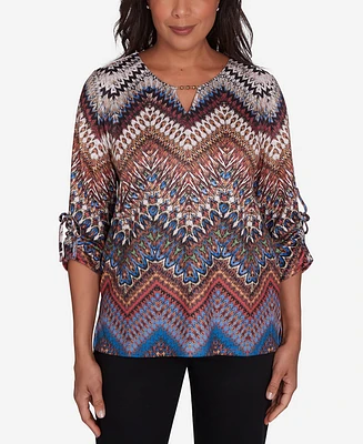 Alfred Dunner Petite Harvest Moon Textured Chevron Ruched Sleeve Top