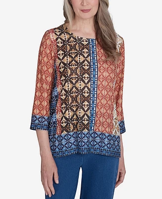 Alfred Dunner Petite Harvest Moon Batik Textured Border Top