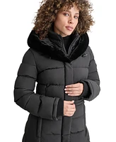 Dkny Women's Faux-Fur-Trim Hooded Bibbed Puffer Coat