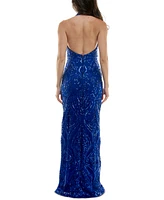 B Darlin Juniors' Sequined Halter V-Neck Open-Back Gown