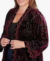 Ruby Rd. Plus Open Front Velvet Burnout Embroidered Cardigan Sweater