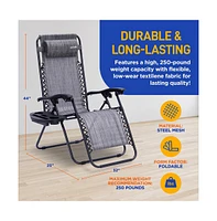 SereneLife Adjustable Zero Gravity Chair Set with Side Table, 2-Pack, Gray
