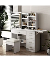 Slickblue Modern Makeup Vanity Desk with Mirror, Lights, Open Shelves & Chair for Organized Beauty Setup